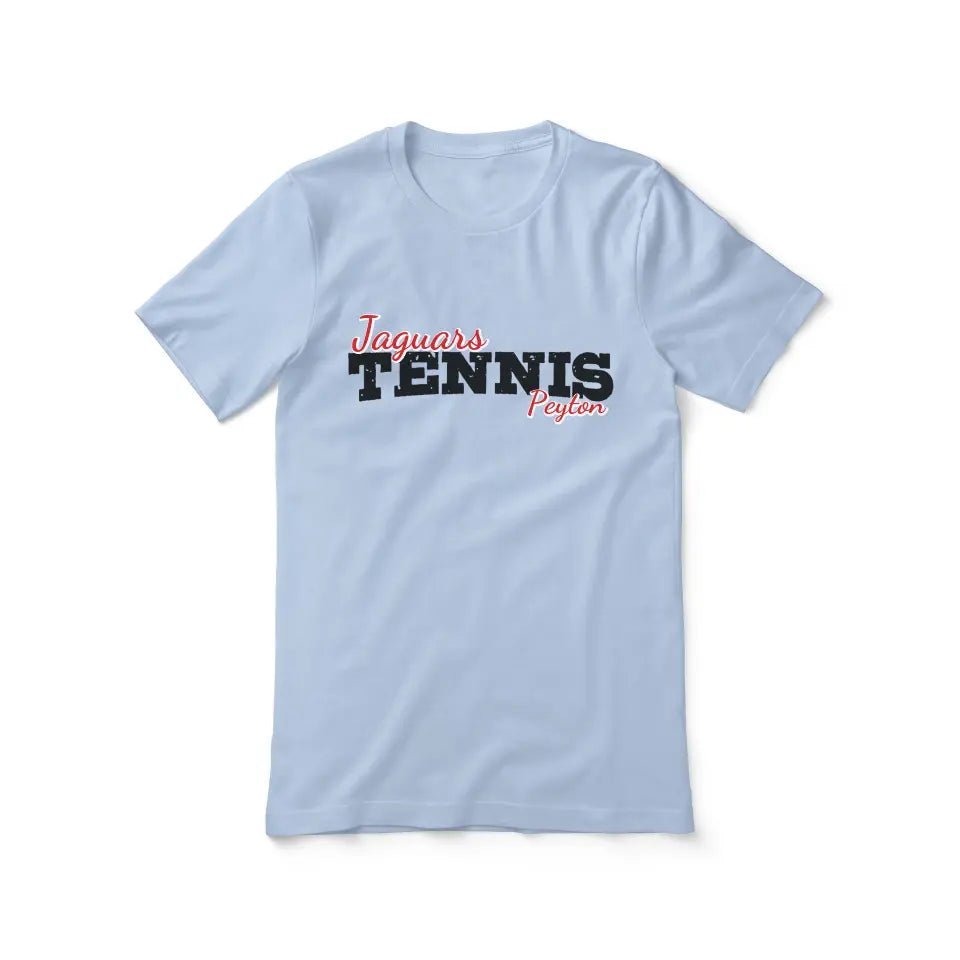 Custom Tennis Mascot and Tennis Player Name on a Unisex T-Shirt with a Black Graphic