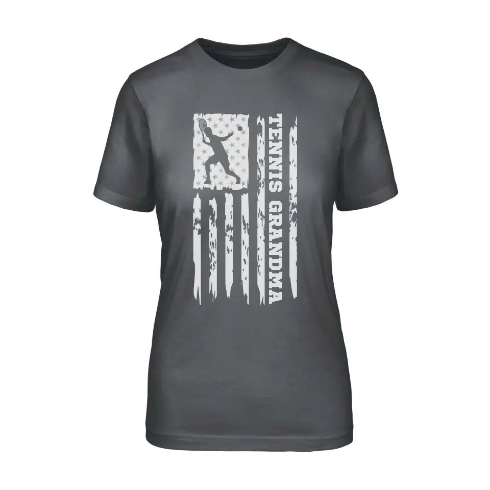 Tennis Grandma Vertical Flag on a Unisex T-Shirt with a White Graphic