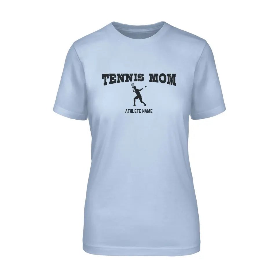 Tennis Mom with Tennis Player Icon and Tennis Player Name on a Unisex T-Shirt with a Black Graphic