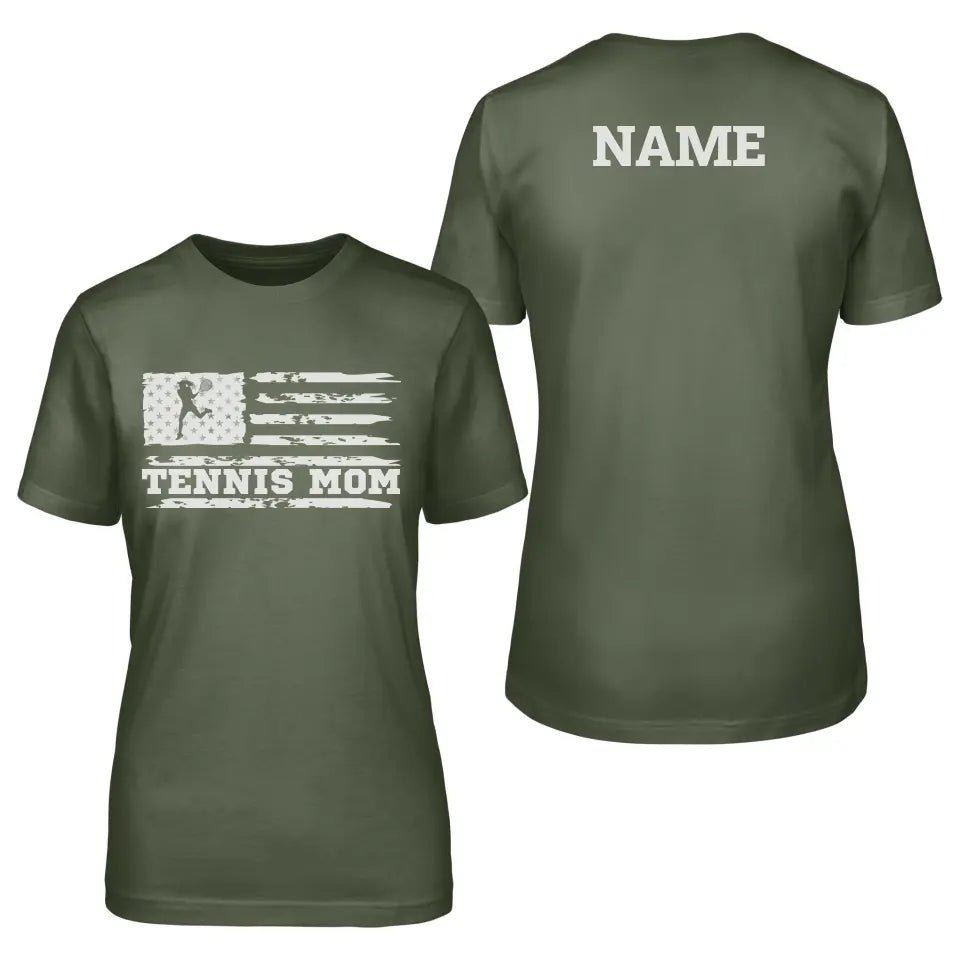 Tennis Mom Horizontal Flag With Tennis Player Name on a Unisex T-Shirt with a White Graphic