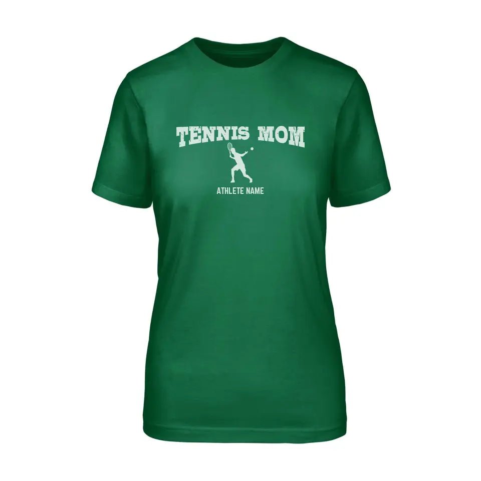 Tennis Mom with Tennis Player Icon and Tennis Player Name on a Unisex T-Shirt with a White Graphic