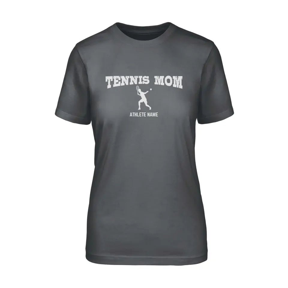 Tennis Mom with Tennis Player Icon and Tennis Player Name on a Unisex T-Shirt with a White Graphic