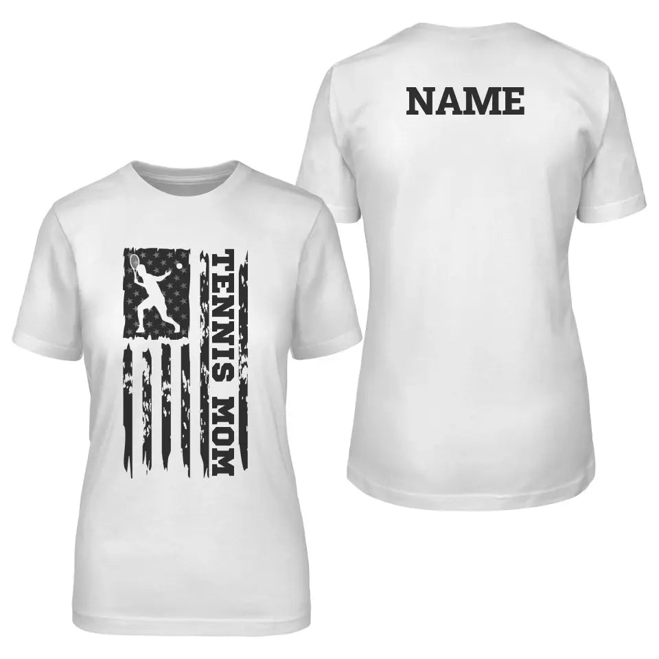 Tennis Mom Vertical Flag With Tennis Player Name on a Unisex T-Shirt with a Black Graphic