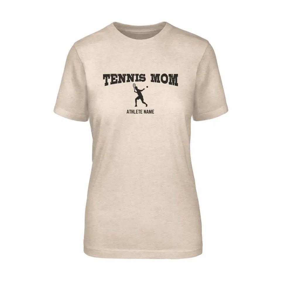 Tennis Mom with Tennis Player Icon and Tennis Player Name on a Unisex T-Shirt with a Black Graphic
