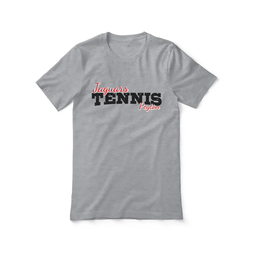 Custom Tennis Mascot and Tennis Player Name on a Unisex T-Shirt with a Black Graphic
