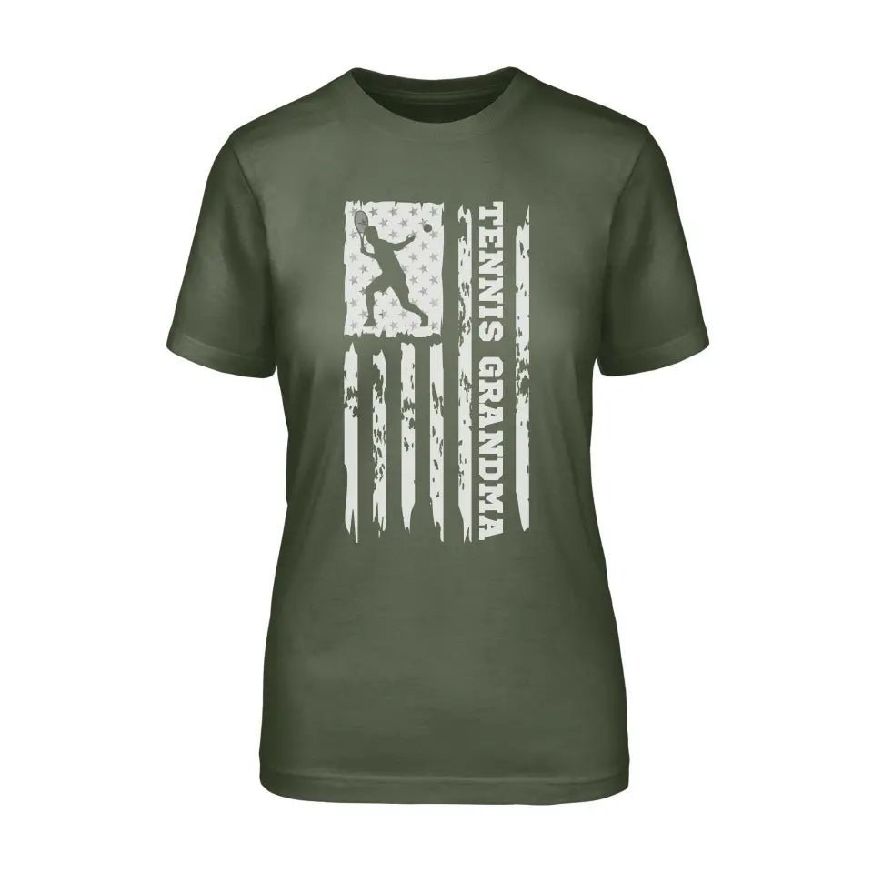 Tennis Grandma Vertical Flag on a Unisex T-Shirt with a White Graphic
