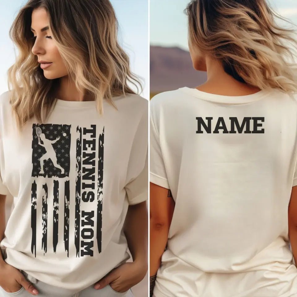Tennis Mom Vertical Flag With Tennis Player Name on a Unisex T-Shirt with a Black Graphic