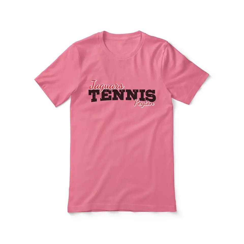 Custom Tennis Mascot and Tennis Player Name on a Unisex T-Shirt with a Black Graphic