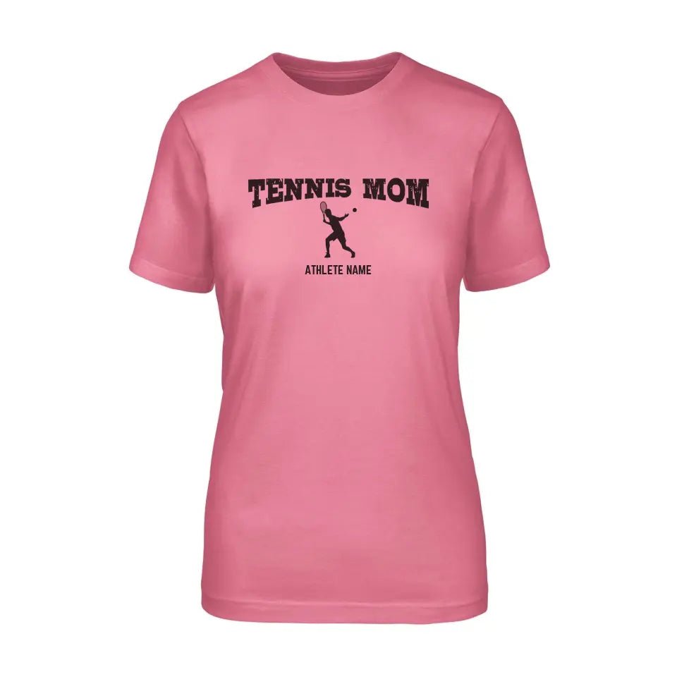 Tennis Mom with Tennis Player Icon and Tennis Player Name on a Unisex T-Shirt with a Black Graphic