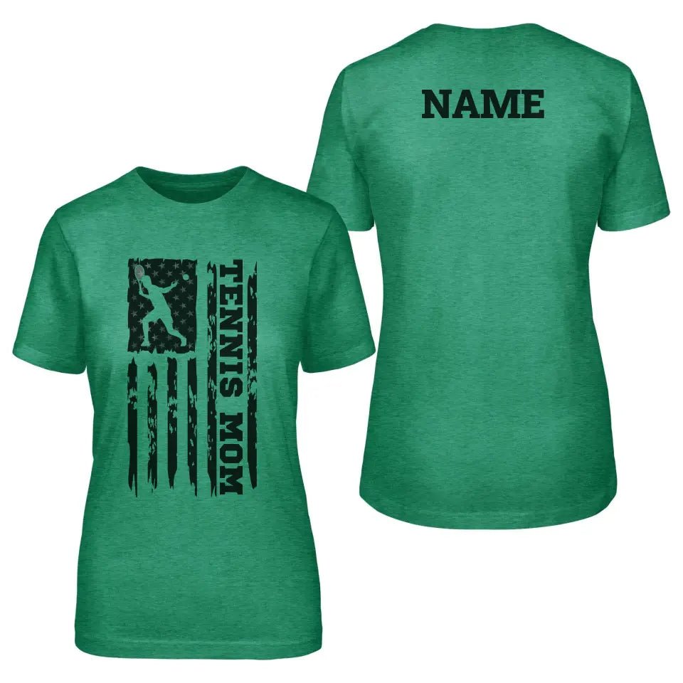 Tennis Mom Vertical Flag With Tennis Player Name on a Unisex T-Shirt with a Black Graphic