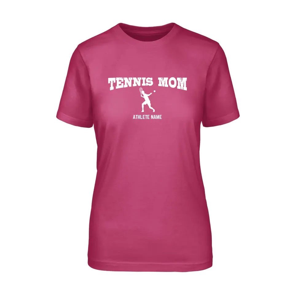 Tennis Mom with Tennis Player Icon and Tennis Player Name on a Unisex T-Shirt with a White Graphic