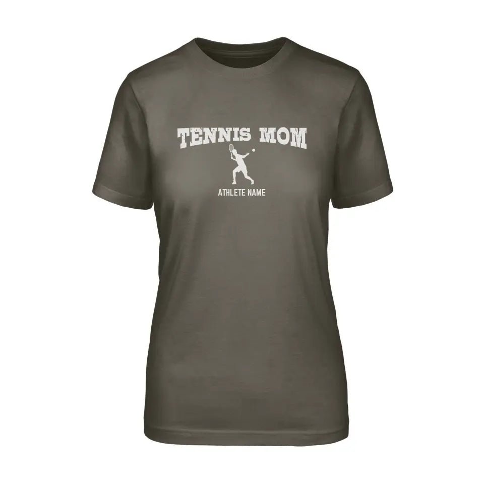 Tennis Mom with Tennis Player Icon and Tennis Player Name on a Unisex T-Shirt with a White Graphic