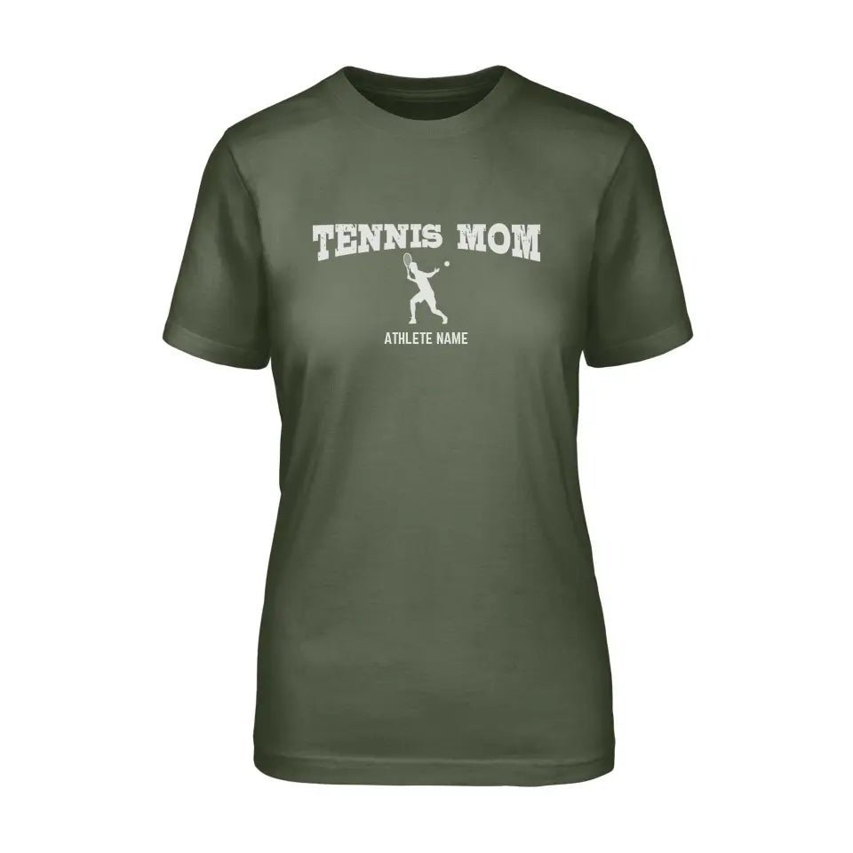 Tennis Mom with Tennis Player Icon and Tennis Player Name on a Unisex T-Shirt with a White Graphic