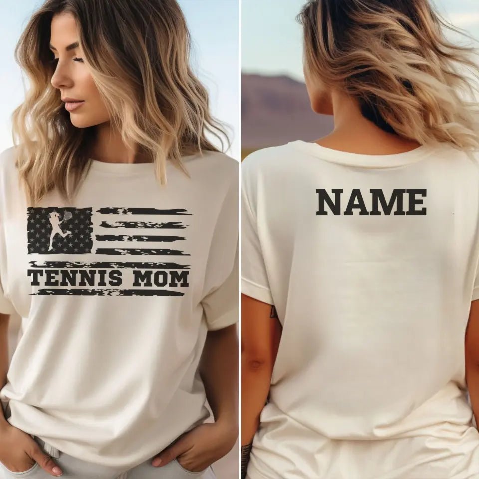 Tennis Mom Horizontal Flag With Tennis Player Name on a Unisex T-Shirt with a Black Graphic