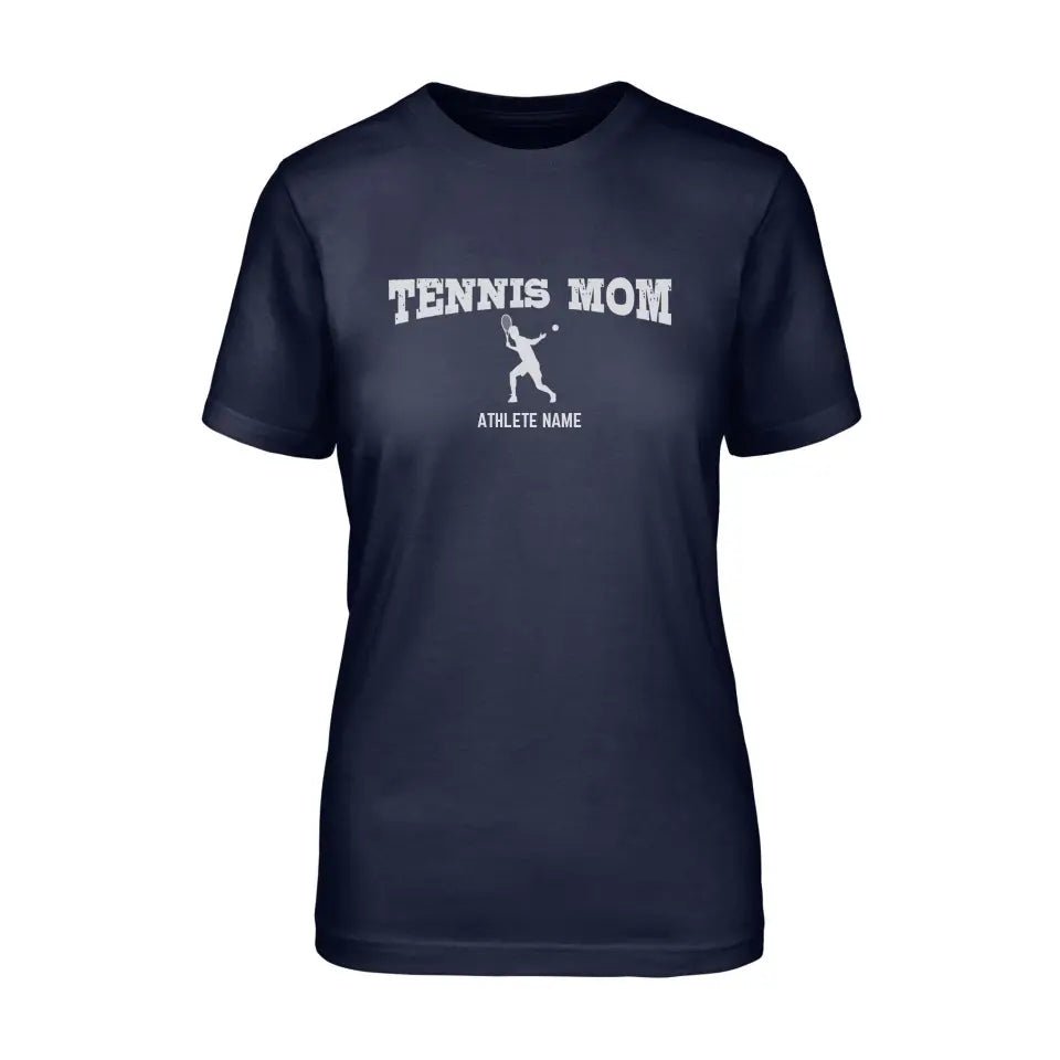 Tennis Mom with Tennis Player Icon and Tennis Player Name on a Unisex T-Shirt with a White Graphic