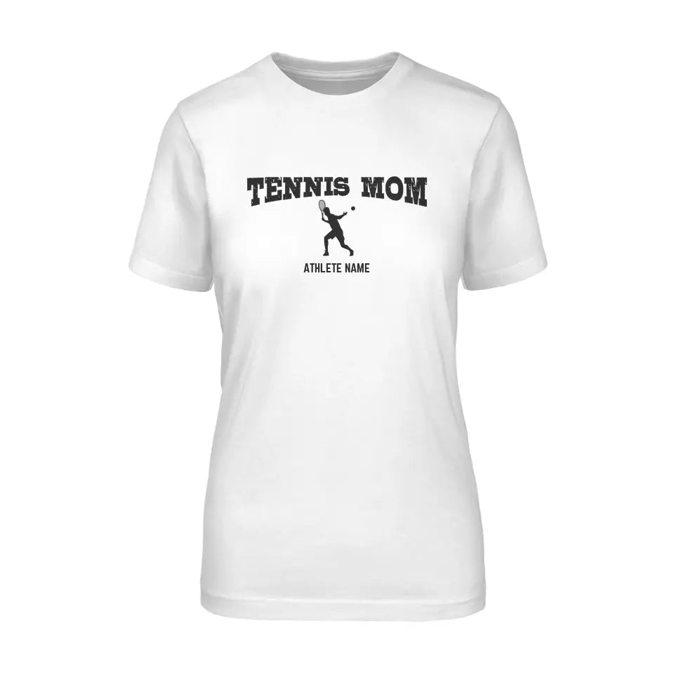 Tennis Mom with Tennis Player Icon and Tennis Player Name on a Unisex T-Shirt with a Black Graphic