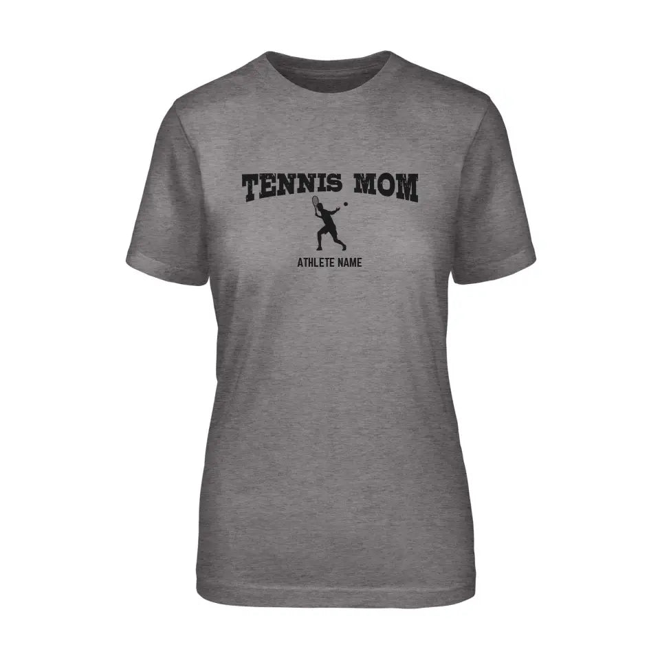 Tennis Mom with Tennis Player Icon and Tennis Player Name on a Unisex T-Shirt with a Black Graphic
