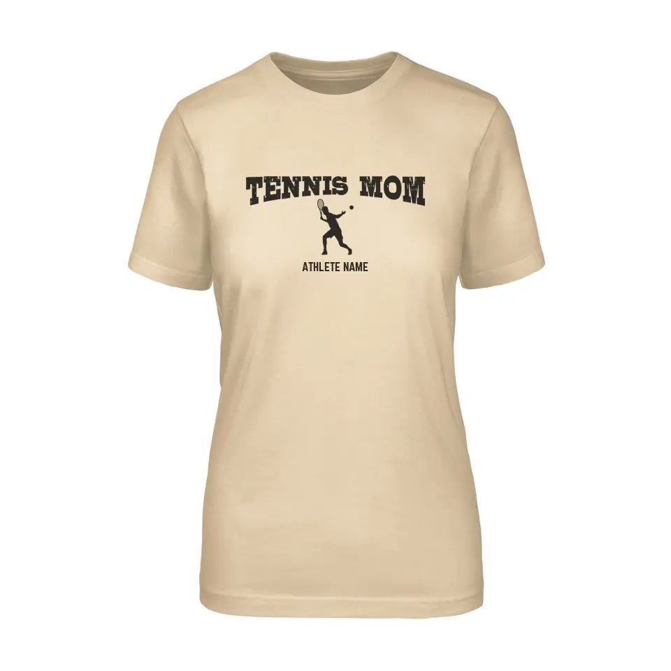 Tennis Mom with Tennis Player Icon and Tennis Player Name on a Unisex T-Shirt with a Black Graphic
