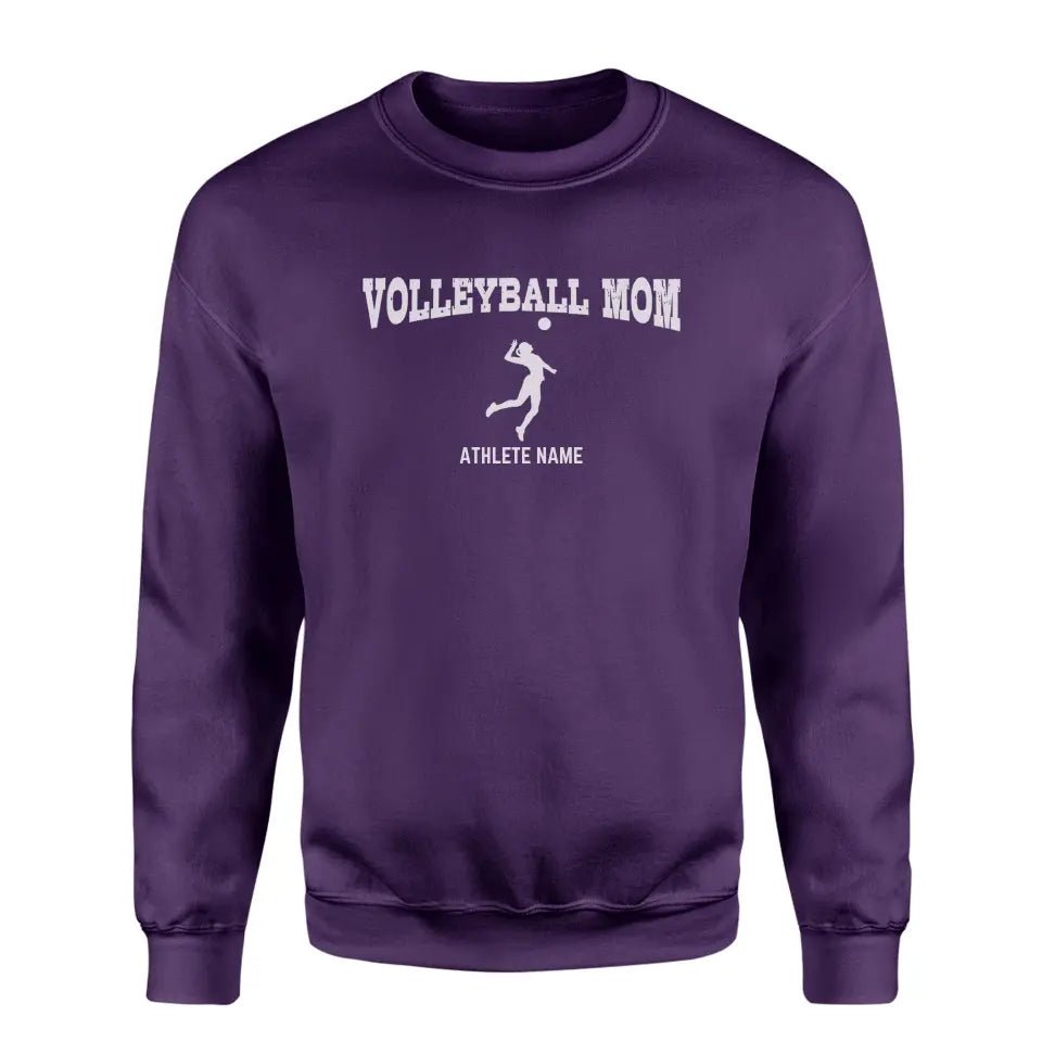 Volleyball Mom with Volleyball Player Icon and Volleyball Player Name on a Sweatshirt with a White Graphic