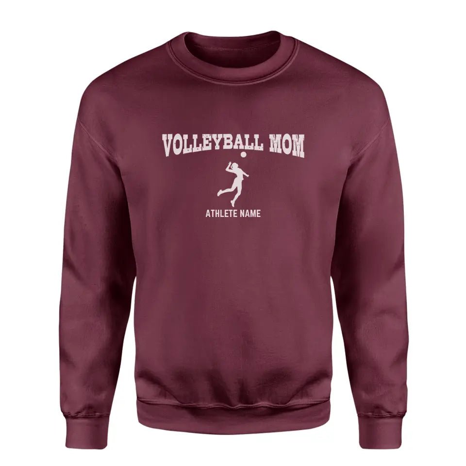 Volleyball Mom with Volleyball Player Icon and Volleyball Player Name on a Sweatshirt with a White Graphic