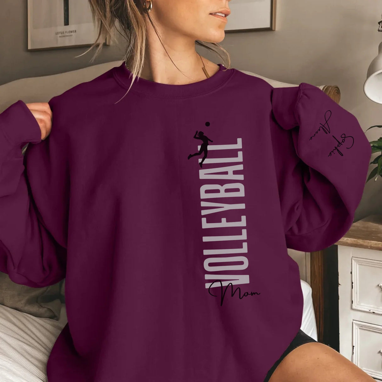 Personalized Volleyball Mom on a Sweatshirt With Mascot, Icon, and Volleyball Player Name on Sleeve on a Sweatshirt