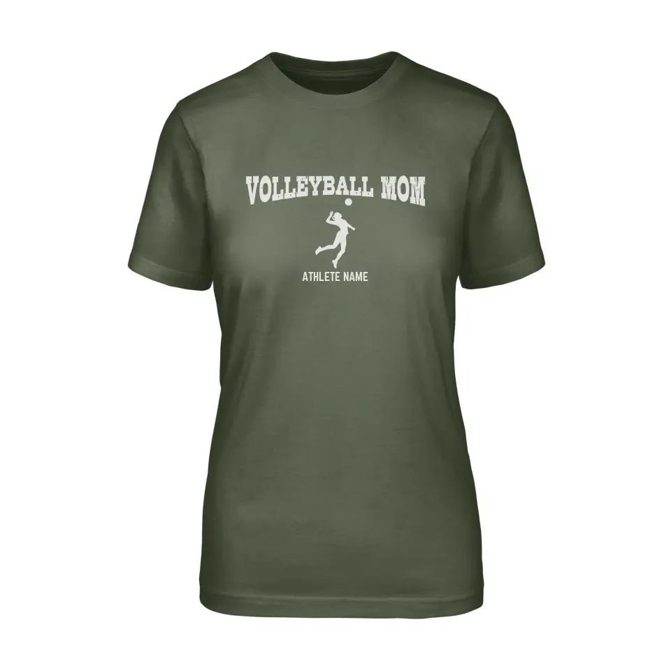 Volleyball Mom with Volleyball Player Icon and Volleyball Player Name on a Unisex T-Shirt with a White Graphic