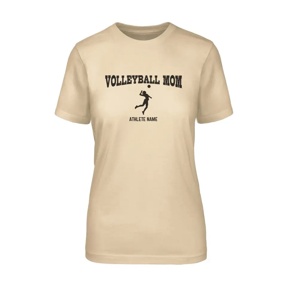 Volleyball Mom with Volleyball Player Icon and Volleyball Player Name on a Unisex T-Shirt with a Black Graphic