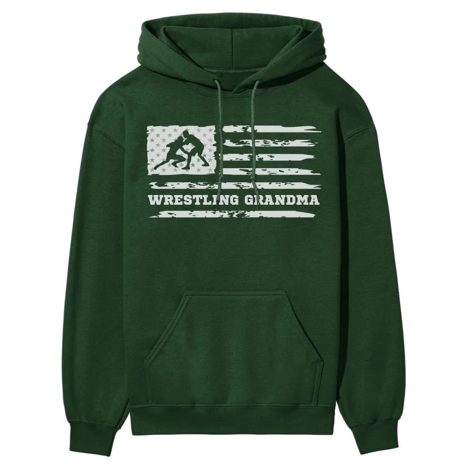 Wrestling Grandma Horizontal Flag on a Hoodie with a White Graphic