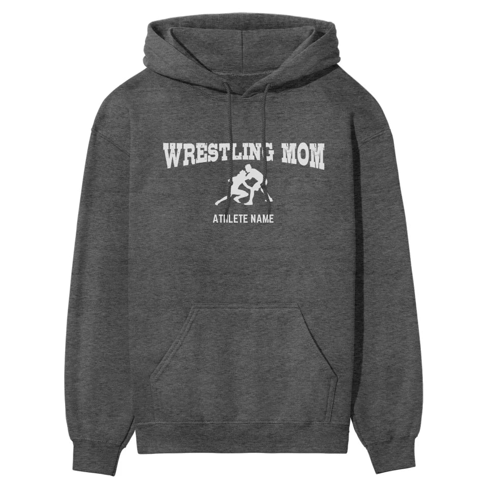 Wrestling Mom with Wrestler Icon and Wrestler Name on a Hoodie with a White Graphic