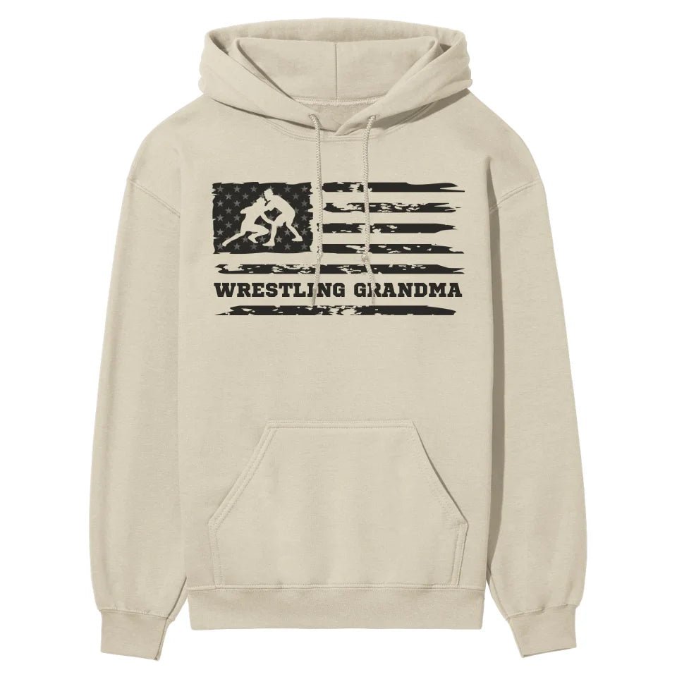 Wrestling Grandma Horizontal Flag on a Hoodie with a Black Graphic