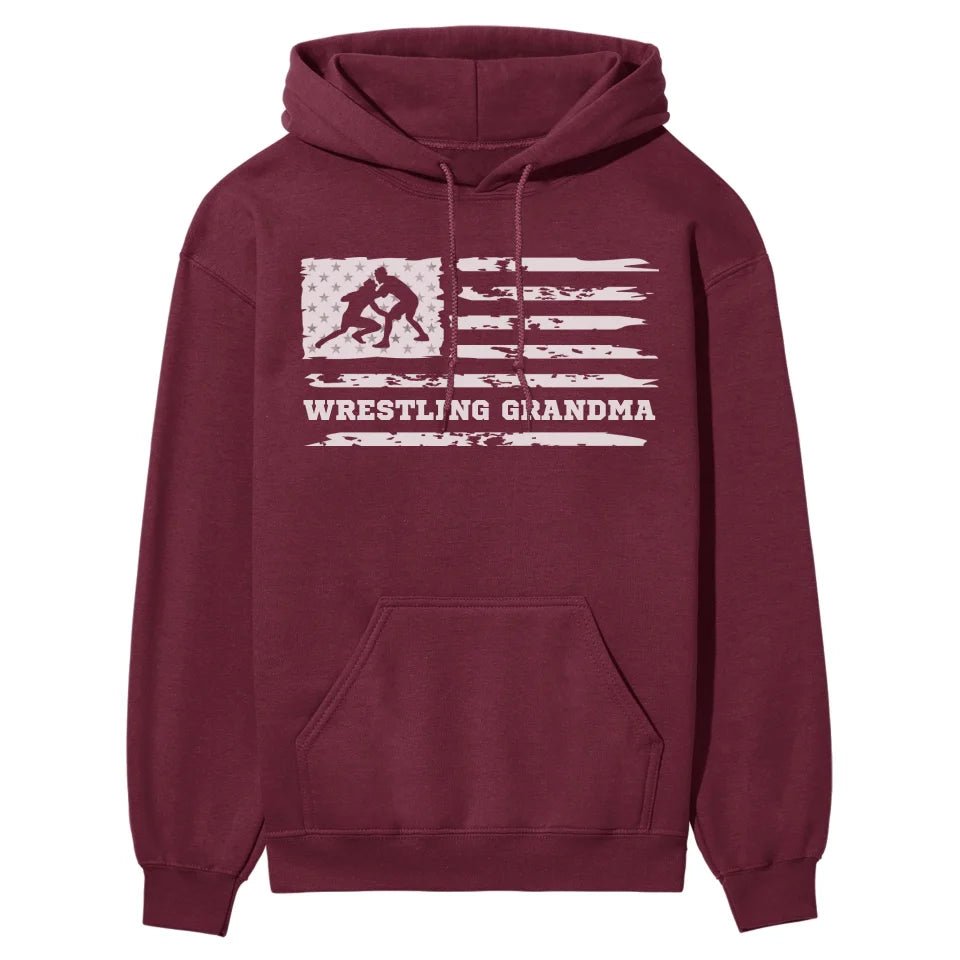 Wrestling Grandma Horizontal Flag on a Hoodie with a White Graphic