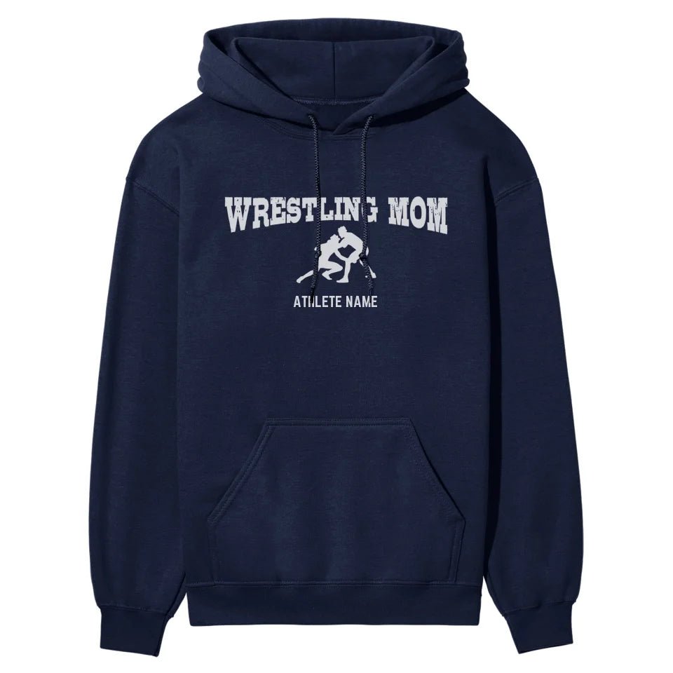 Wrestling Mom with Wrestler Icon and Wrestler Name on a Hoodie with a White Graphic