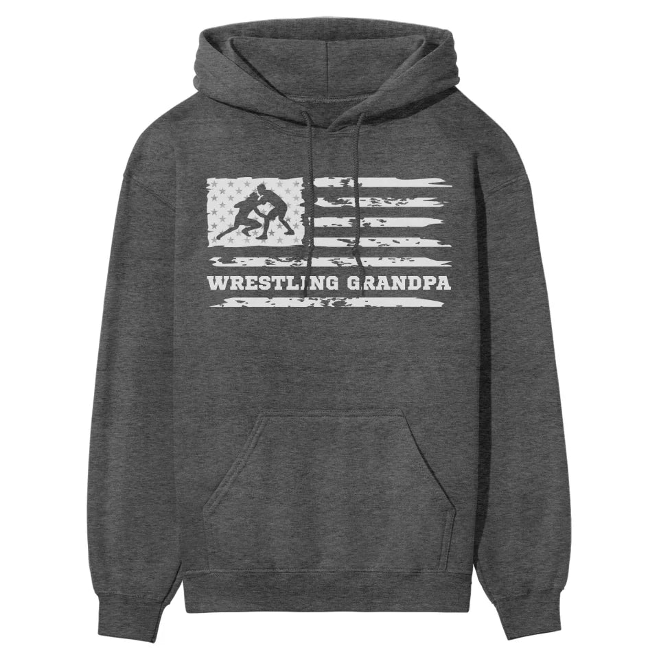 Wrestling Grandpa Horizontal Flag on a Hoodie with a White Graphic