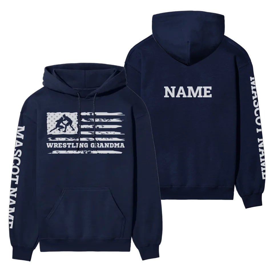 Wrestling Grandma Horizontal Flag With Wrestler Name on a Hoodie with a White Graphic