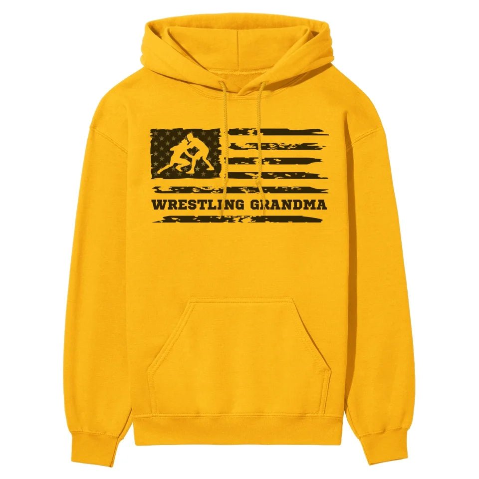 Wrestling Grandma Horizontal Flag on a Hoodie with a Black Graphic