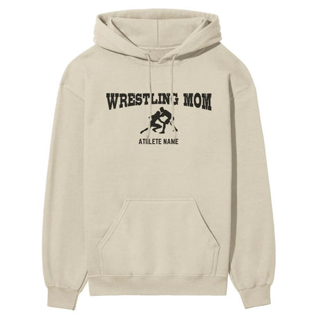 Wrestling Mom with Wrestler Icon and Wrestler Name on a Hoodie with a Black Graphic