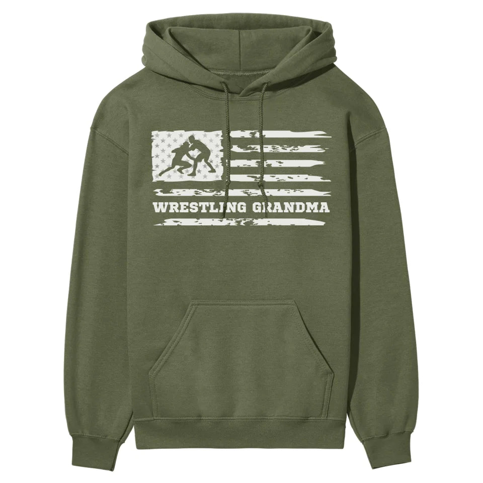 Wrestling Grandma Horizontal Flag on a Hoodie with a White Graphic
