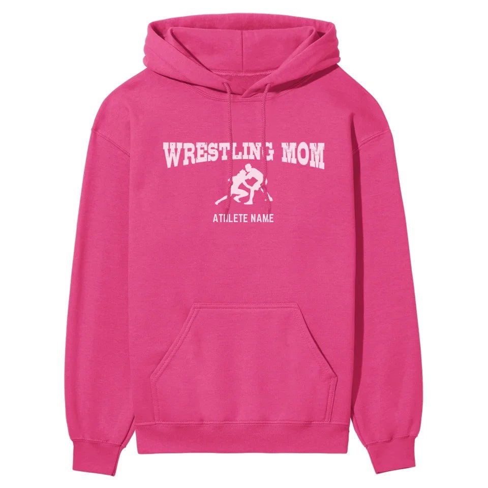 Wrestling Mom with Wrestler Icon and Wrestler Name on a Hoodie with a White Graphic