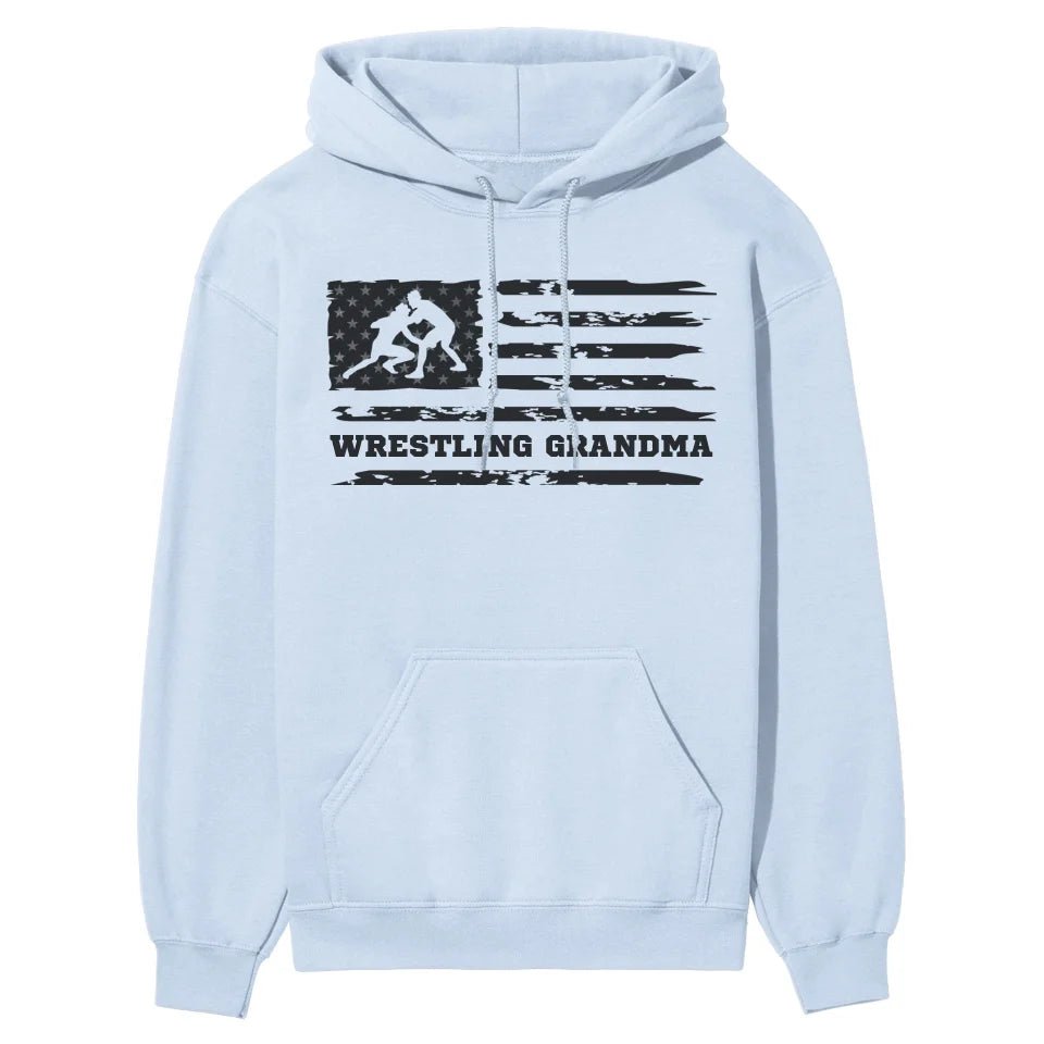 Wrestling Grandma Horizontal Flag on a Hoodie with a Black Graphic