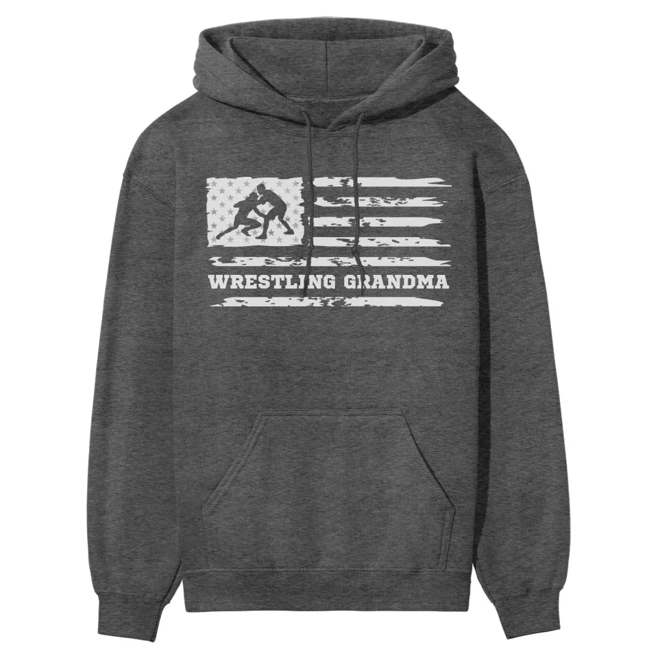 Wrestling Grandma Horizontal Flag on a Hoodie with a White Graphic