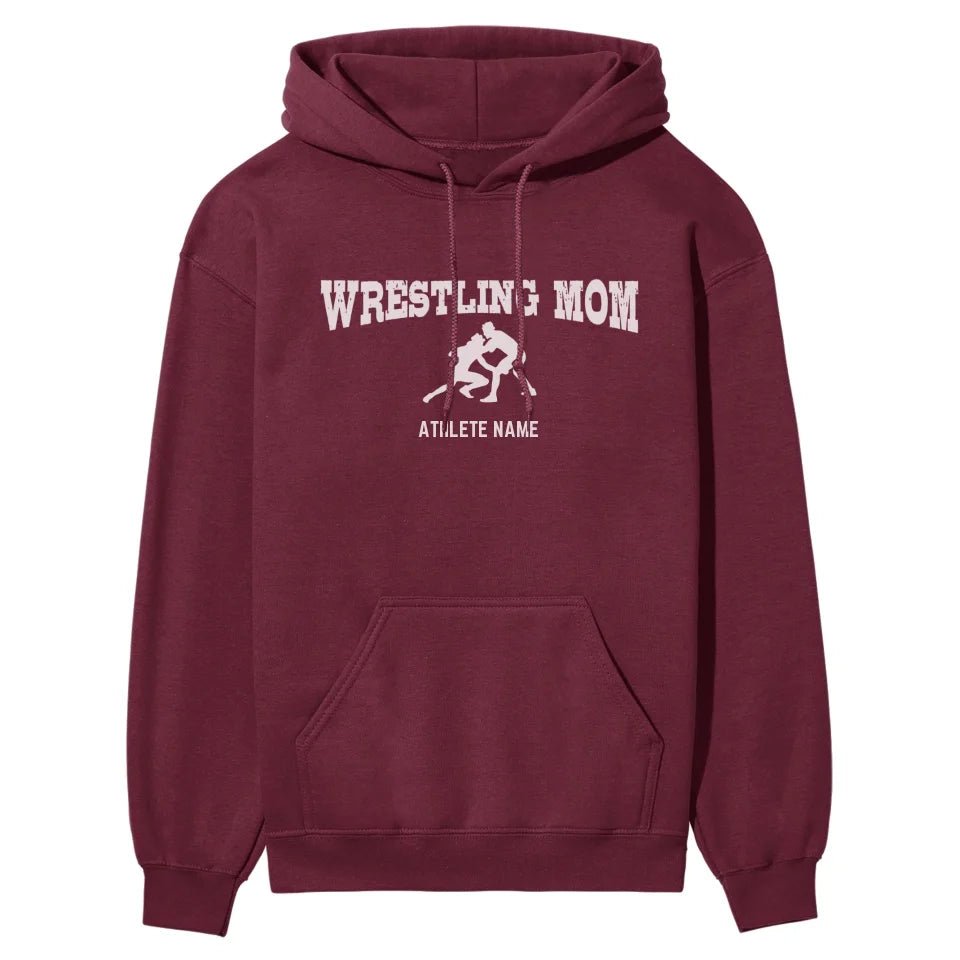 Wrestling Mom with Wrestler Icon and Wrestler Name on a Hoodie with a White Graphic