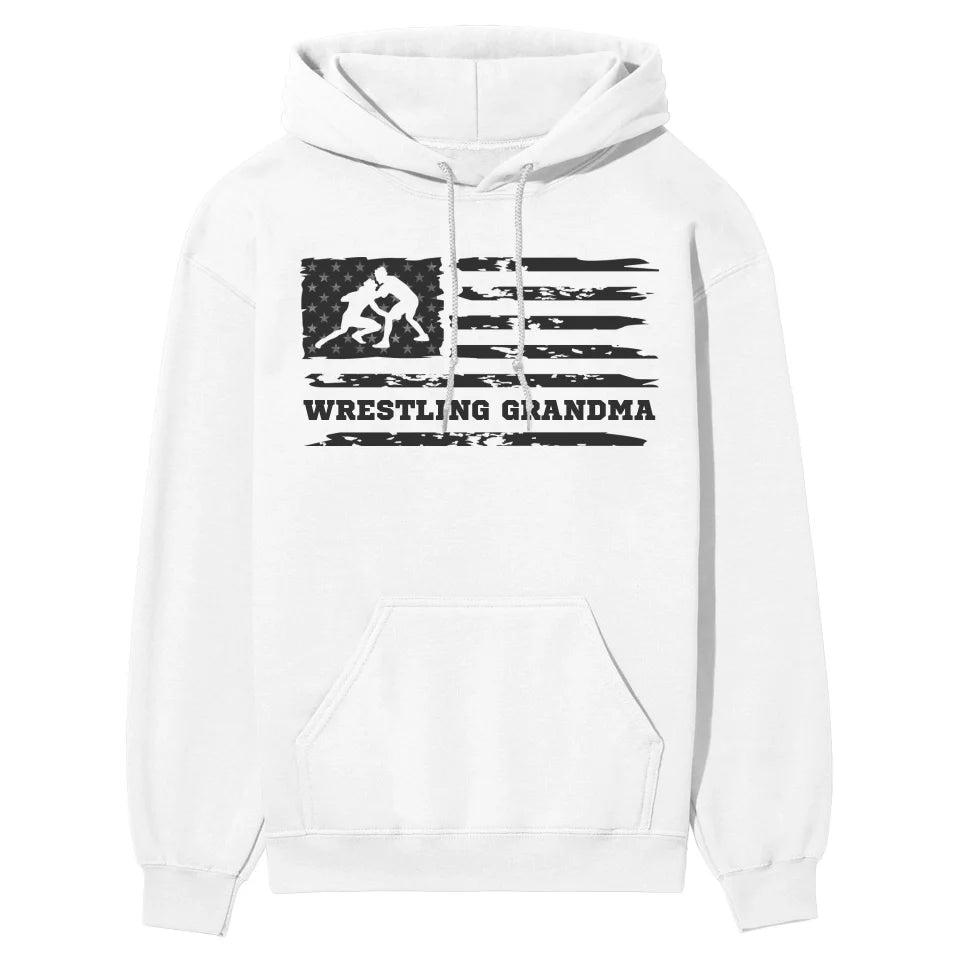 Wrestling Grandma Horizontal Flag on a Hoodie with a Black Graphic