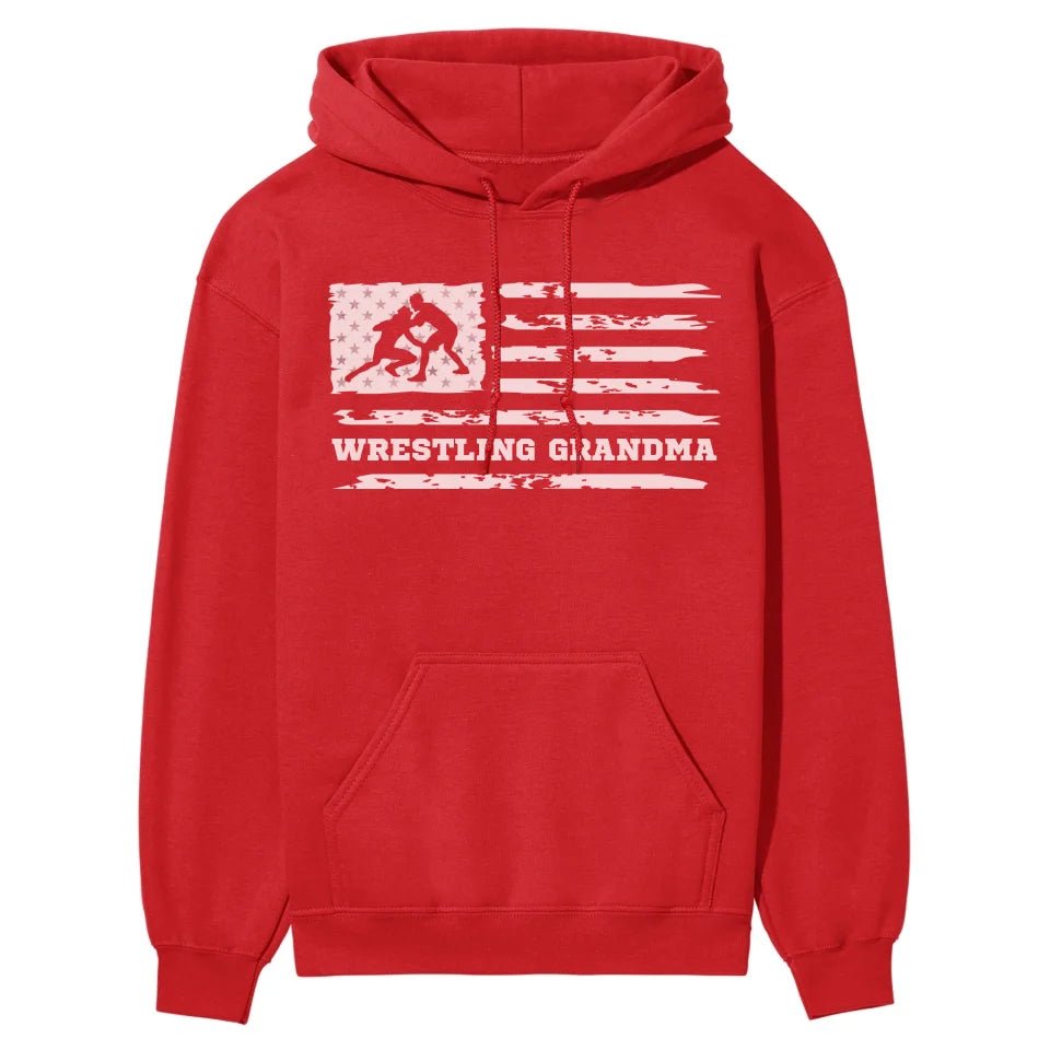 Wrestling Grandma Horizontal Flag on a Hoodie with a White Graphic