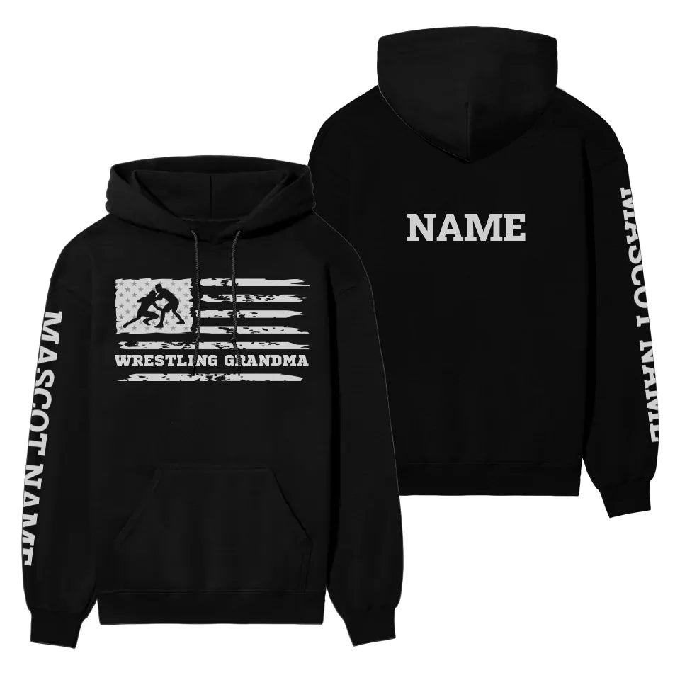 Wrestling Grandma Horizontal Flag With Wrestler Name on a Hoodie with a White Graphic