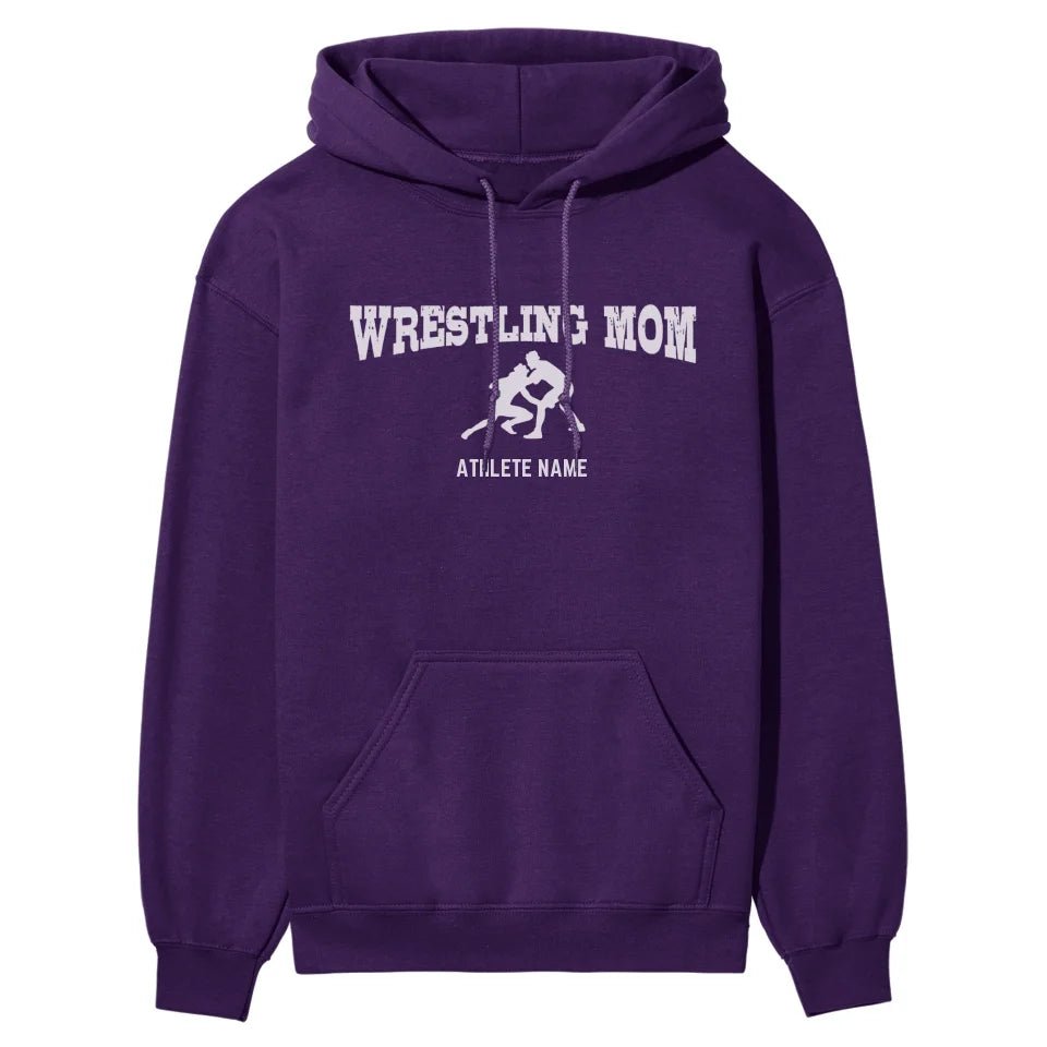 Wrestling Mom with Wrestler Icon and Wrestler Name on a Hoodie with a White Graphic