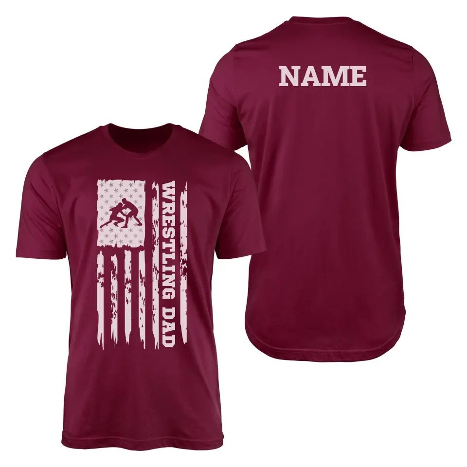 Wrestling Dad Vertical Flag With Wrestler Name on a Men's T-Shirt with a White Graphic