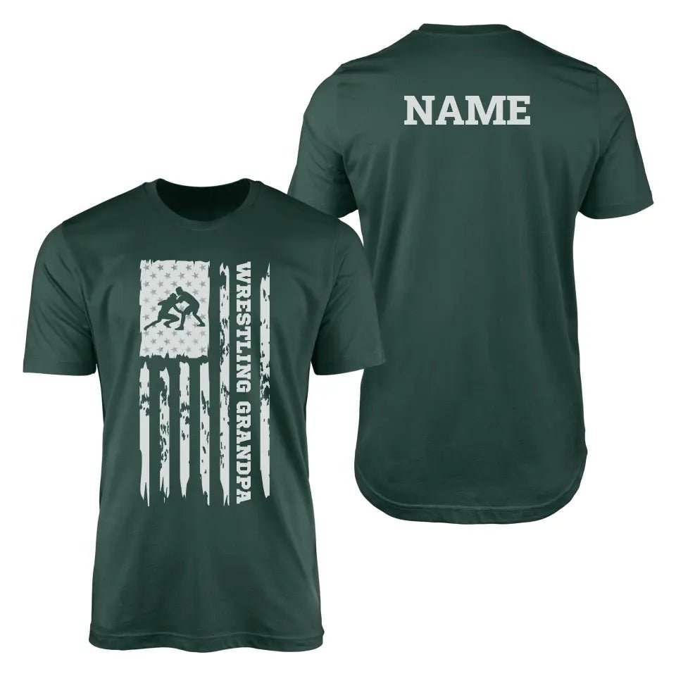 Wrestling Grandpa Vertical Flag With Wrestler Name on a Men's T-Shirt with a White Graphic