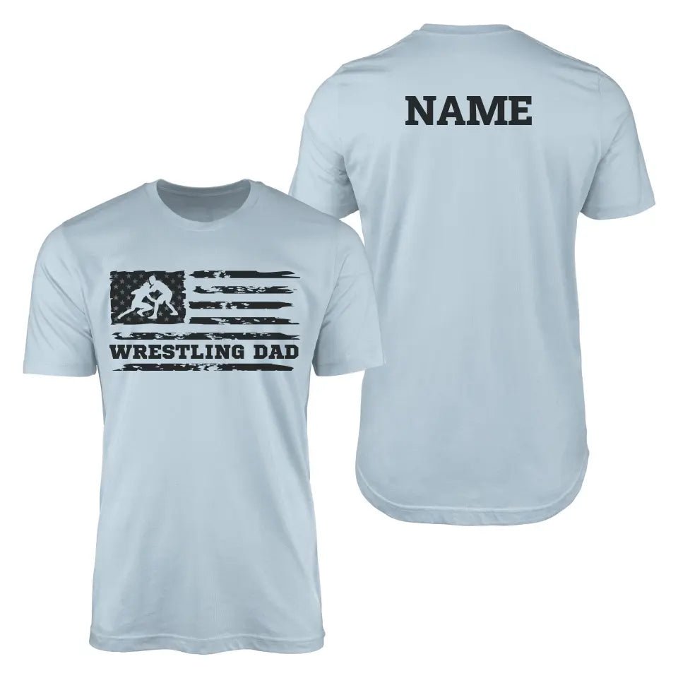 Wrestling Dad Horizontal Flag With Wrestler Name on a Men's T-Shirt with a Black Graphic
