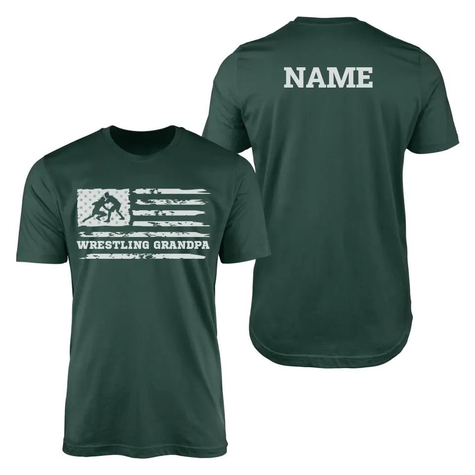 Wrestling Grandpa Horizontal Flag With Wrestler Name on a Men's T-Shirt with a White Graphic
