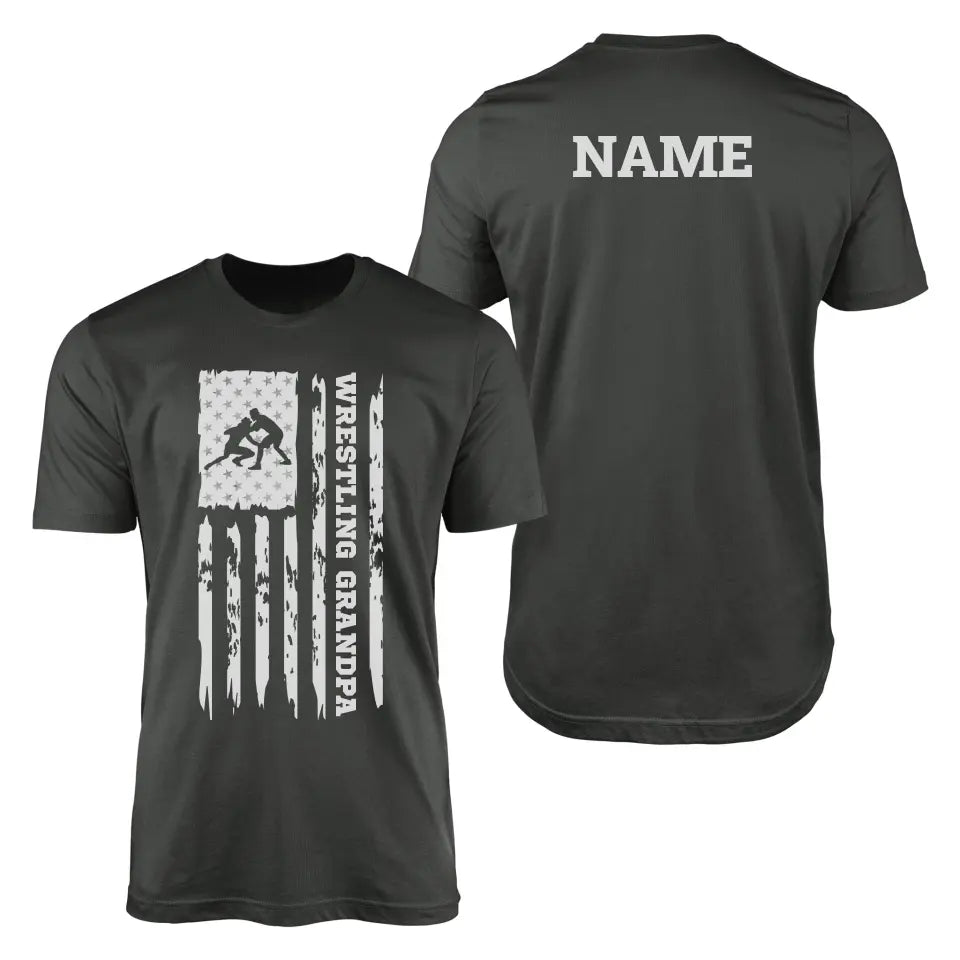 Wrestling Grandpa Vertical Flag With Wrestler Name on a Men's T-Shirt with a White Graphic